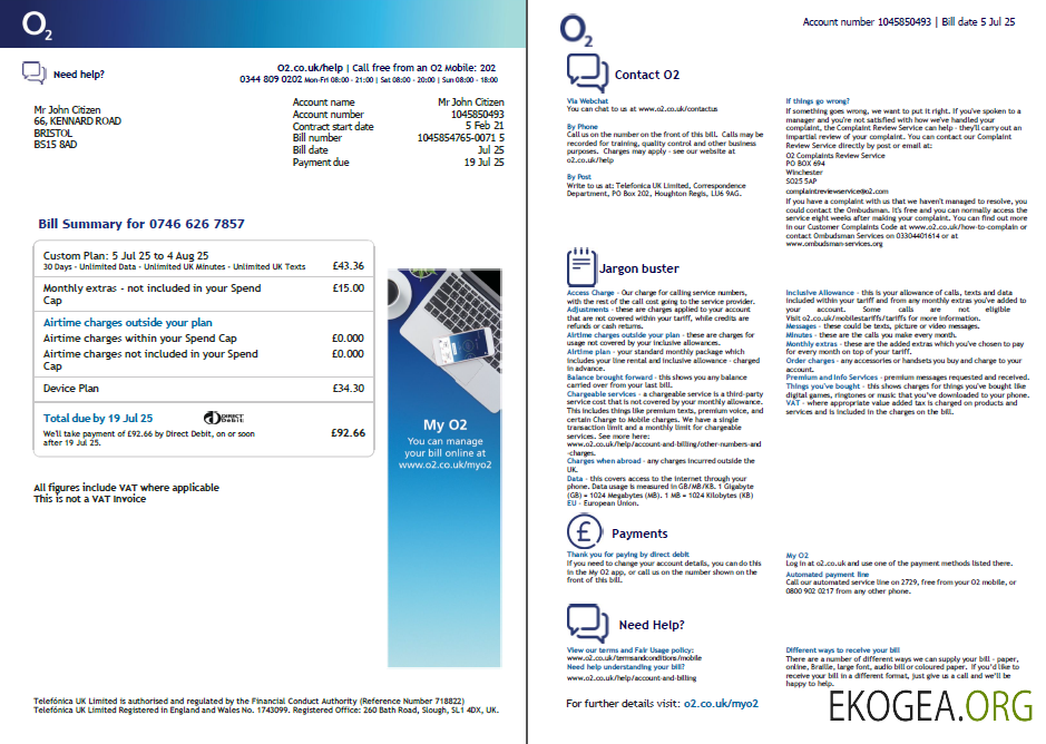 USA O2 utility bill template in Word and PDF formats, 2 pages, version 3